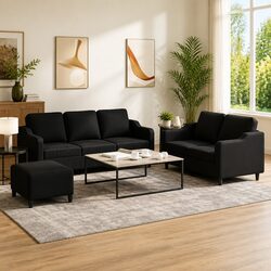 Cozy 3 Piece Black Fabric Sofa Set with Footstool