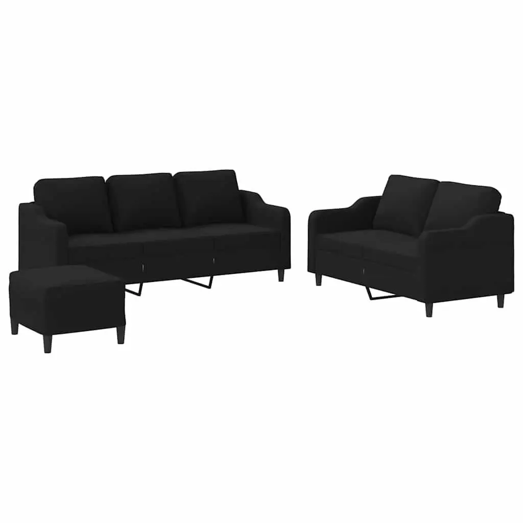 3 Piece Lounge Suite Set Black Fabric Sofa with Footstool for Living Room