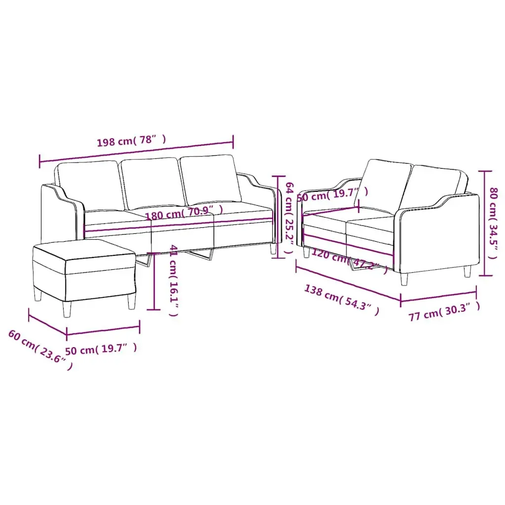 3 Piece Lounge Suite Set Black Fabric Sofa with Footstool for Living Room