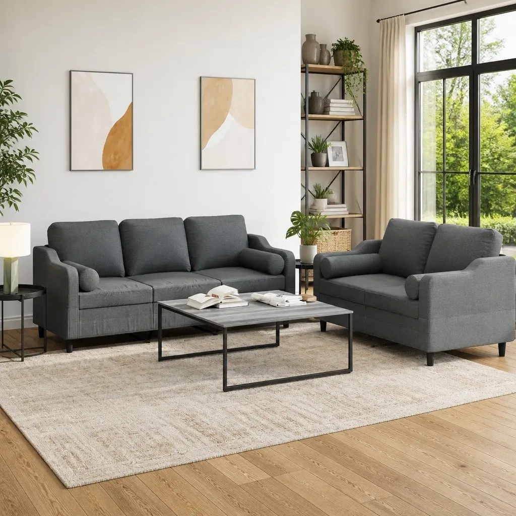 2 Piece Sofa Set Grey Fabric Lounge Suite