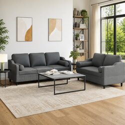 Comfortable 2 Piece Grey Sofa Set with Pillows