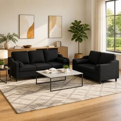 Comfortable Black Fabric Sofa Set with Pillows