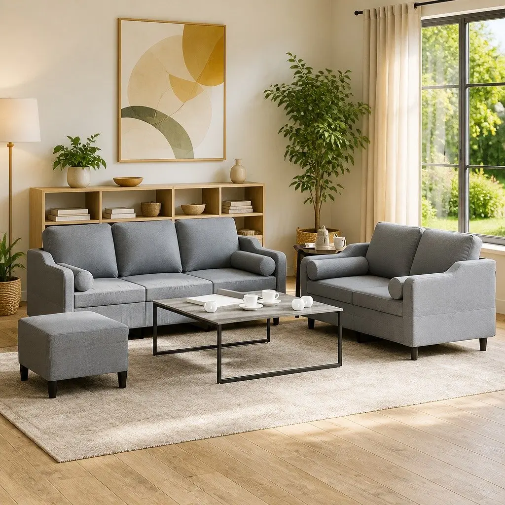 3 Piece Sofa Set Grey Fabric Padded Living Room Lounge Footstool