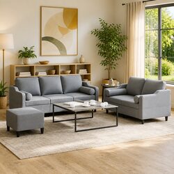 Warm Grey 3-Piece Sofa Set with Footstool and Pillows