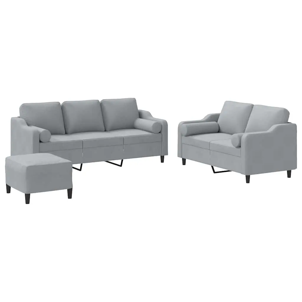 3 Piece Sofa Set Grey Fabric Padded Living Room Lounge Footstool