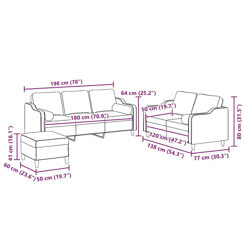 3 Piece Sofa Set Grey Fabric Padded Living Room Lounge Footstool