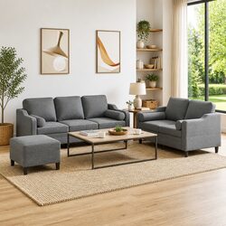 Grey Fabric 3 Piece Sofa Set with Footstool and Pillows