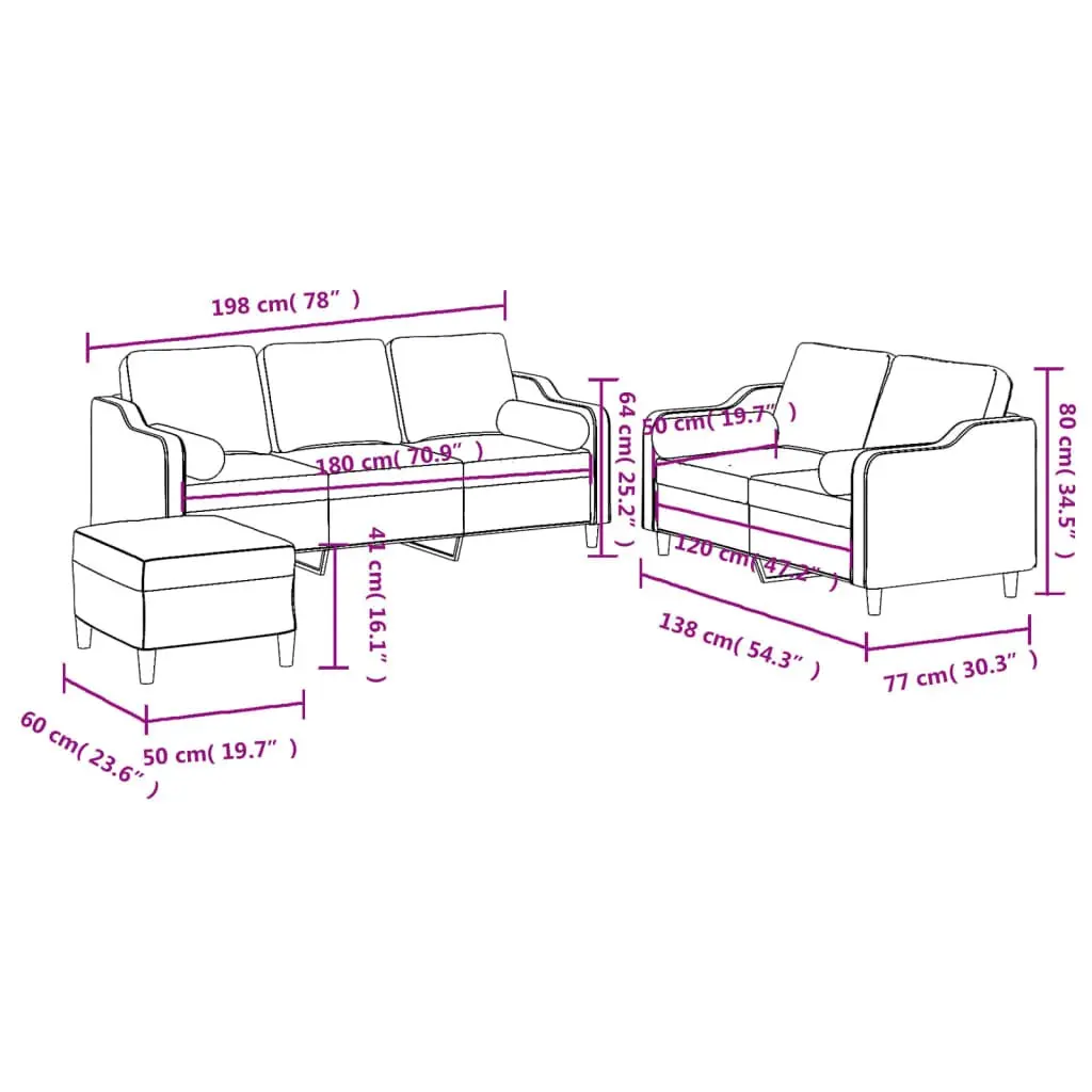 3 Piece Sofa Set Grey Fabric Living Room Furniture