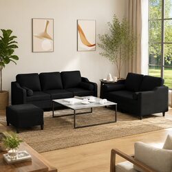 3 Piece Black Fabric Sofa Set with Pillows and Footstool