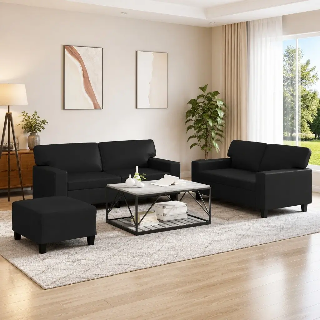 Black Faux Leather Lounge Suite 3 Piece Sofa Set with Footstool for Living Room