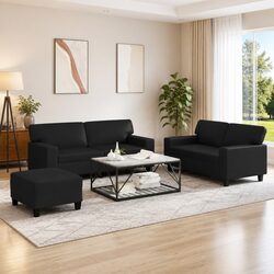 3 Piece Lounge Suite in Black Faux Leather with Footstool