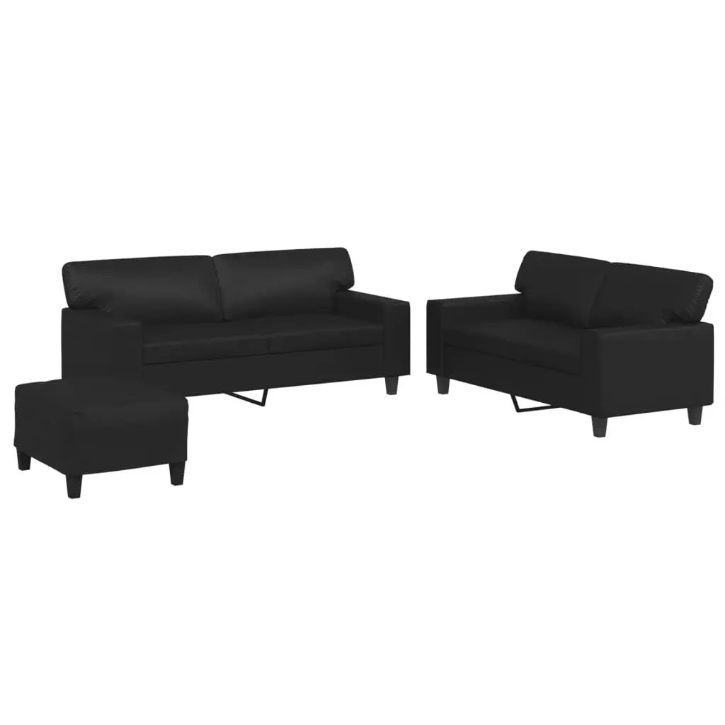 Black Faux Leather Lounge Suite 3 Piece Sofa Set with Footstool for Living Room