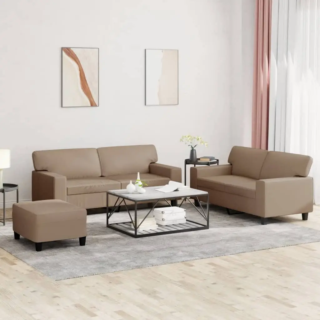 3 Piece Compact Living Room Furniture Sofa Set Brown Upholstered Faux Leather with Ottoman Footstool