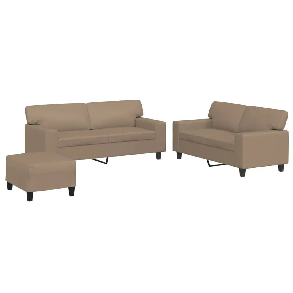 3 Piece Compact Living Room Furniture Sofa Set Brown Upholstered Faux Leather with Ottoman Footstool