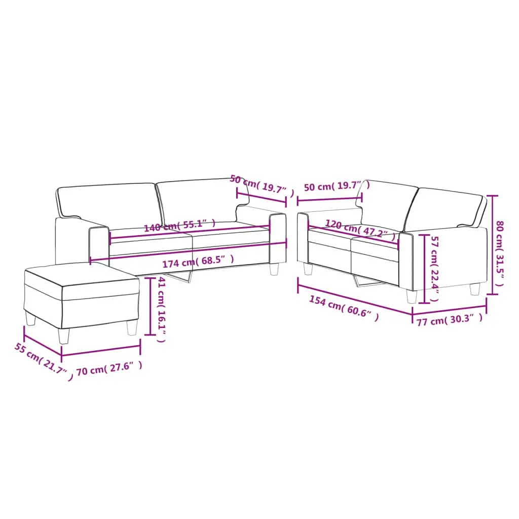 3 Piece Compact Living Room Furniture Sofa Set Brown Upholstered Faux Leather with Ottoman Footstool