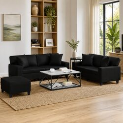 3 Piece Sofa Set with Footstool and Throw Pillows in Black