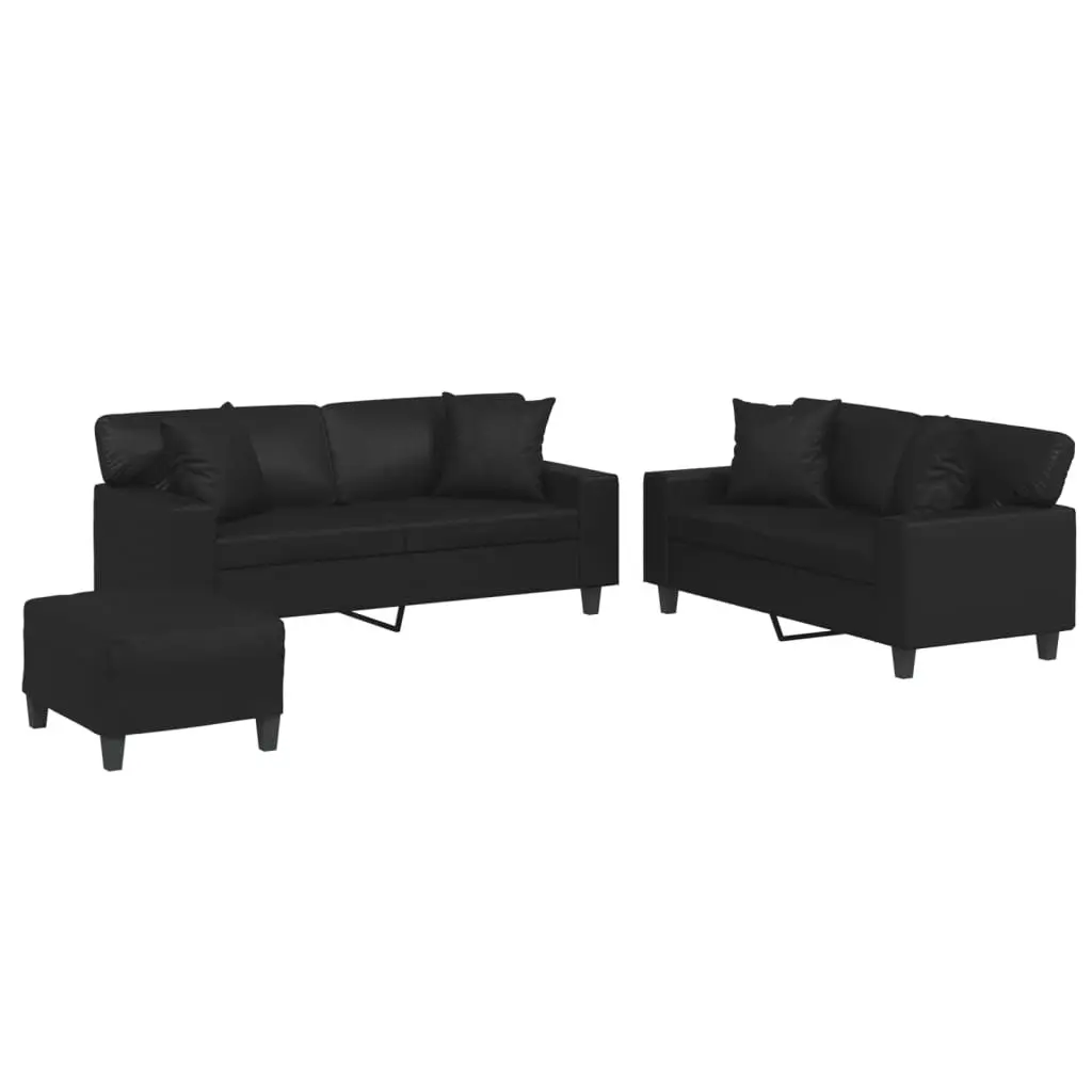 3 Piece Sofa Set with Throw Pillows and Footstool Black Faux Leather Living Room