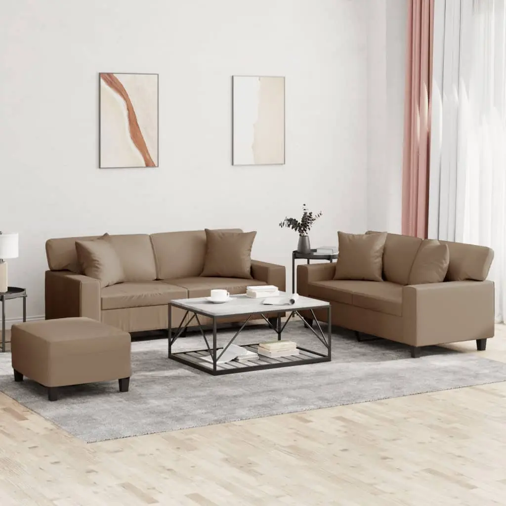 3 Piece Sofa Set Brown Faux Leather Lounge Suite with Pillows Footstool Living