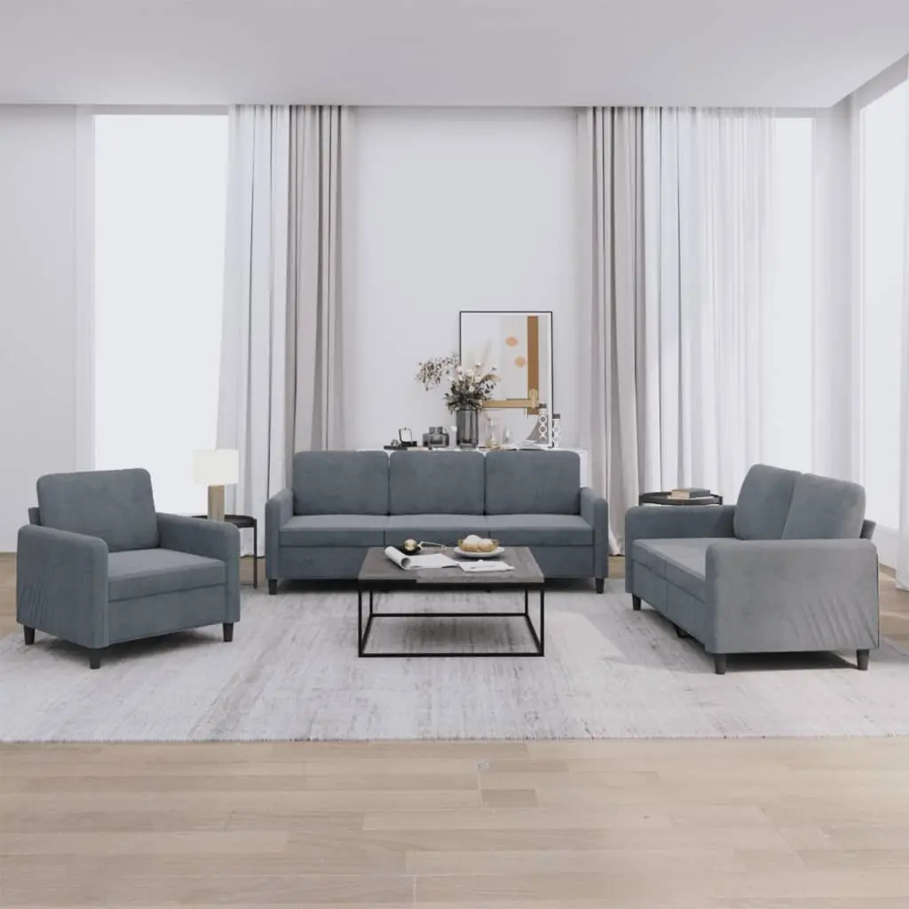 3 Piece Sofa Set Grey Velvet Lounge Suite Comfortable Seating Living Room