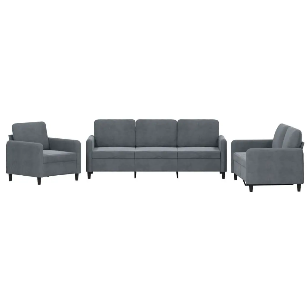 3 Piece Sofa Set Grey Velvet Lounge Suite Comfortable Seating Living Room