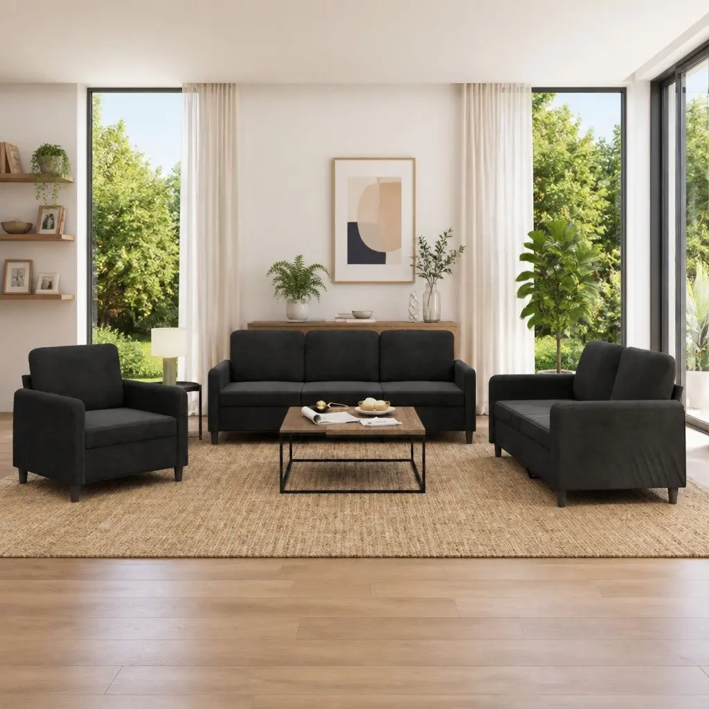 3 Piece Living Room Sofa Set Velvet Black Upholstered Furniture Suite