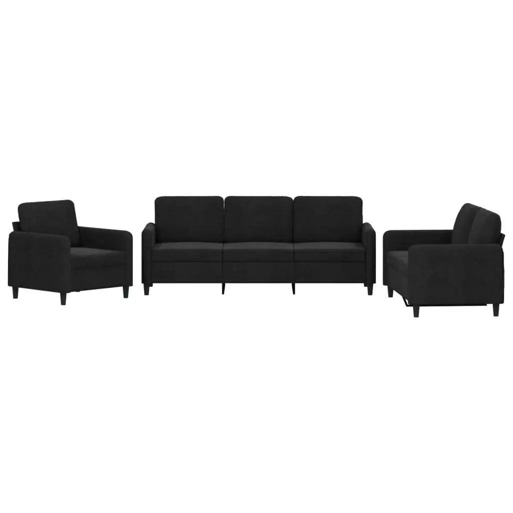 3 Piece Living Room Sofa Set Velvet Black Upholstered Furniture Suite
