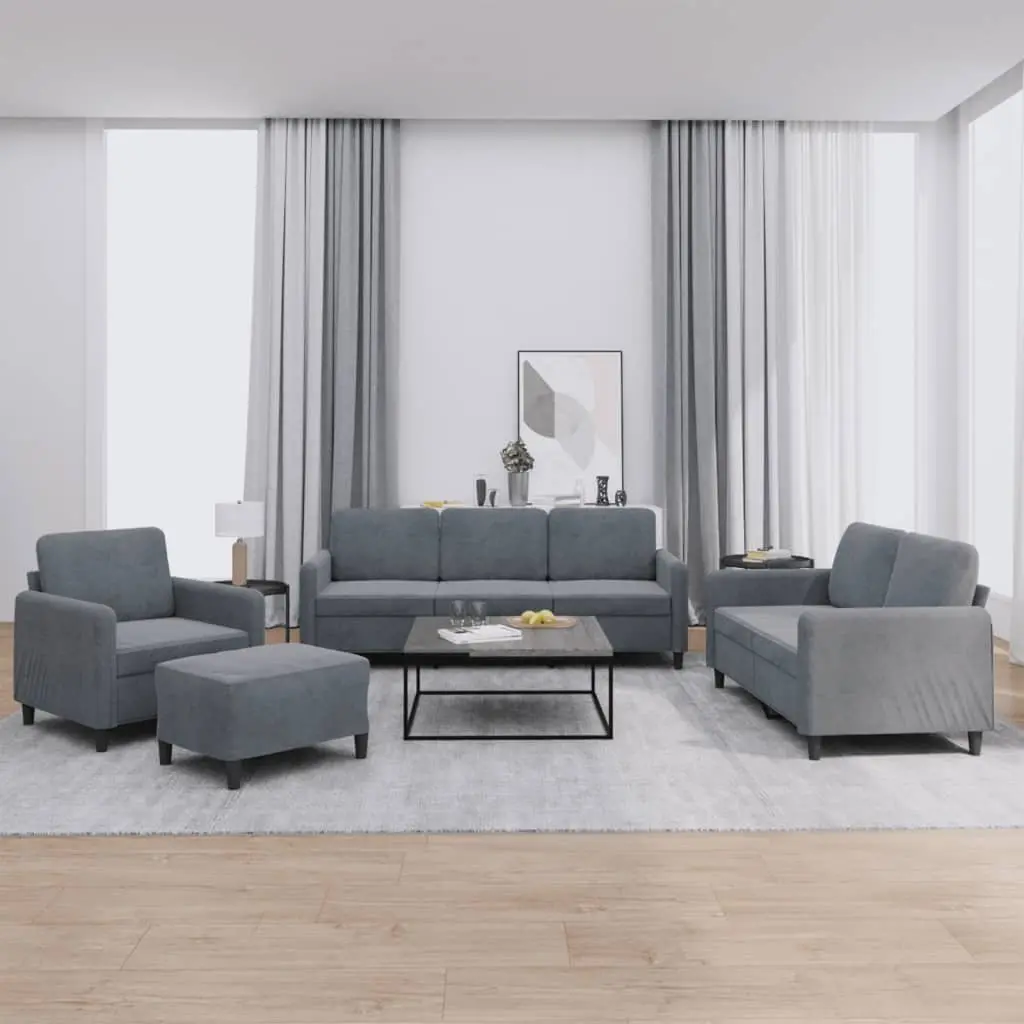 4 Piece Sofa Set Grey Velvet Lounge with Footstool Living Room Furniture