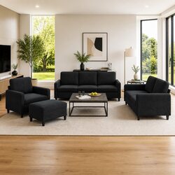 Chic Black Velvet 4 Piece Sofa Set with Footstool