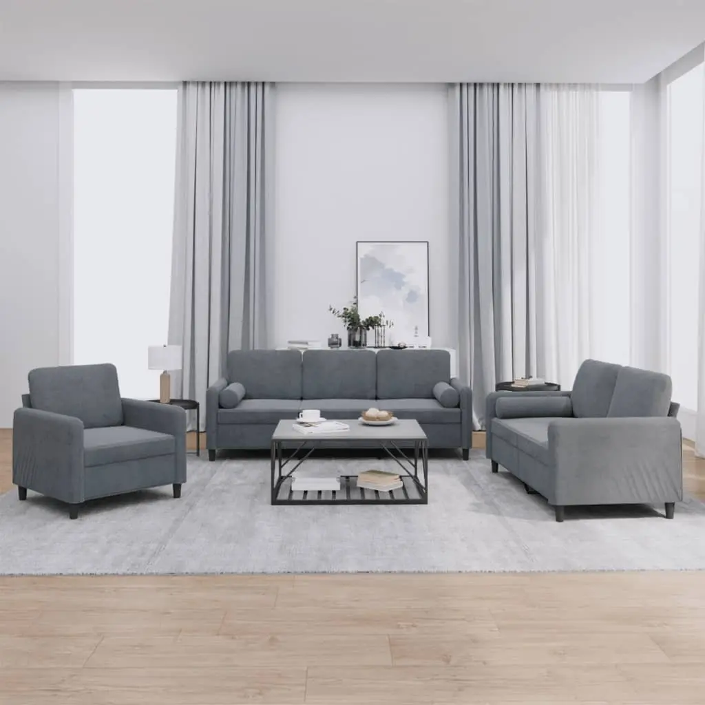 3 Piece Sofa Set Grey Velvet Sectional Lounge Suite with Pillows Living Room