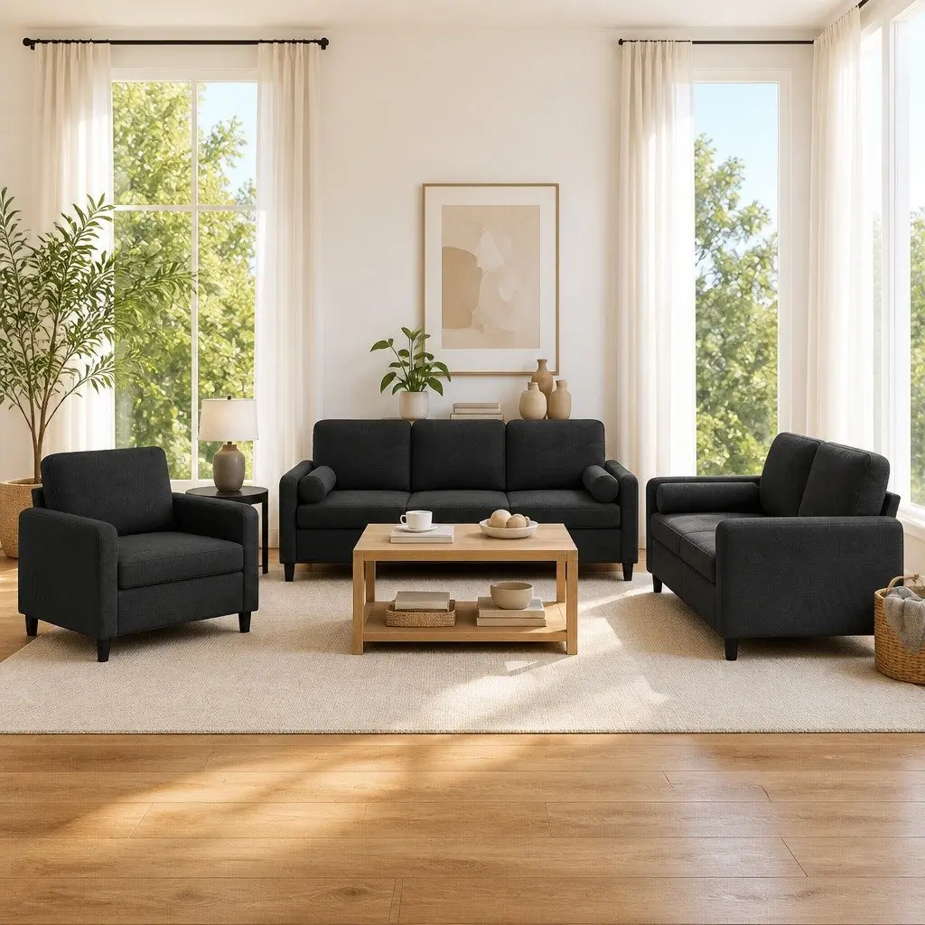 3 Piece Sofa Set Black Velvet Upholstery Plywood and Metal Frame