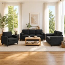 Cozy Black Velvet 3 Piece Sofa Set with Pillows