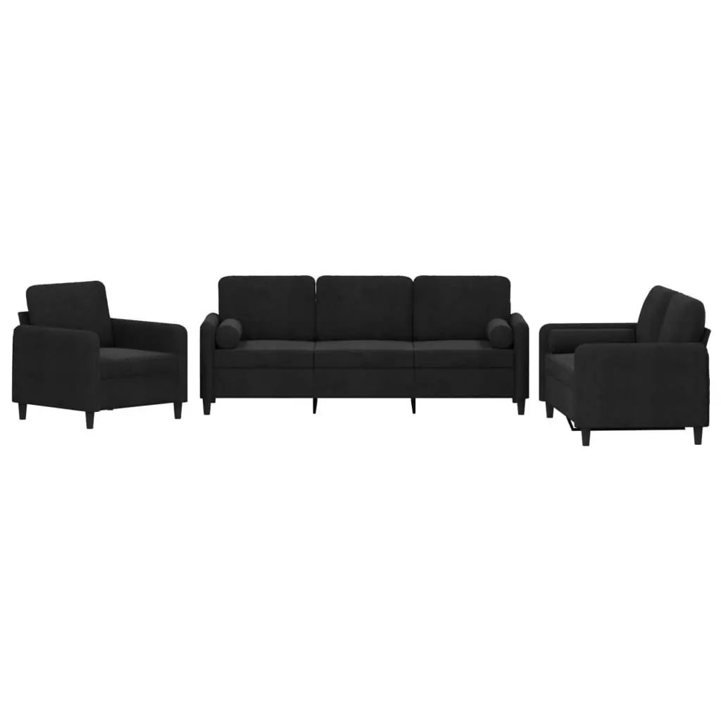 3 Piece Sofa Set Black Velvet Upholstery Plywood and Metal Frame