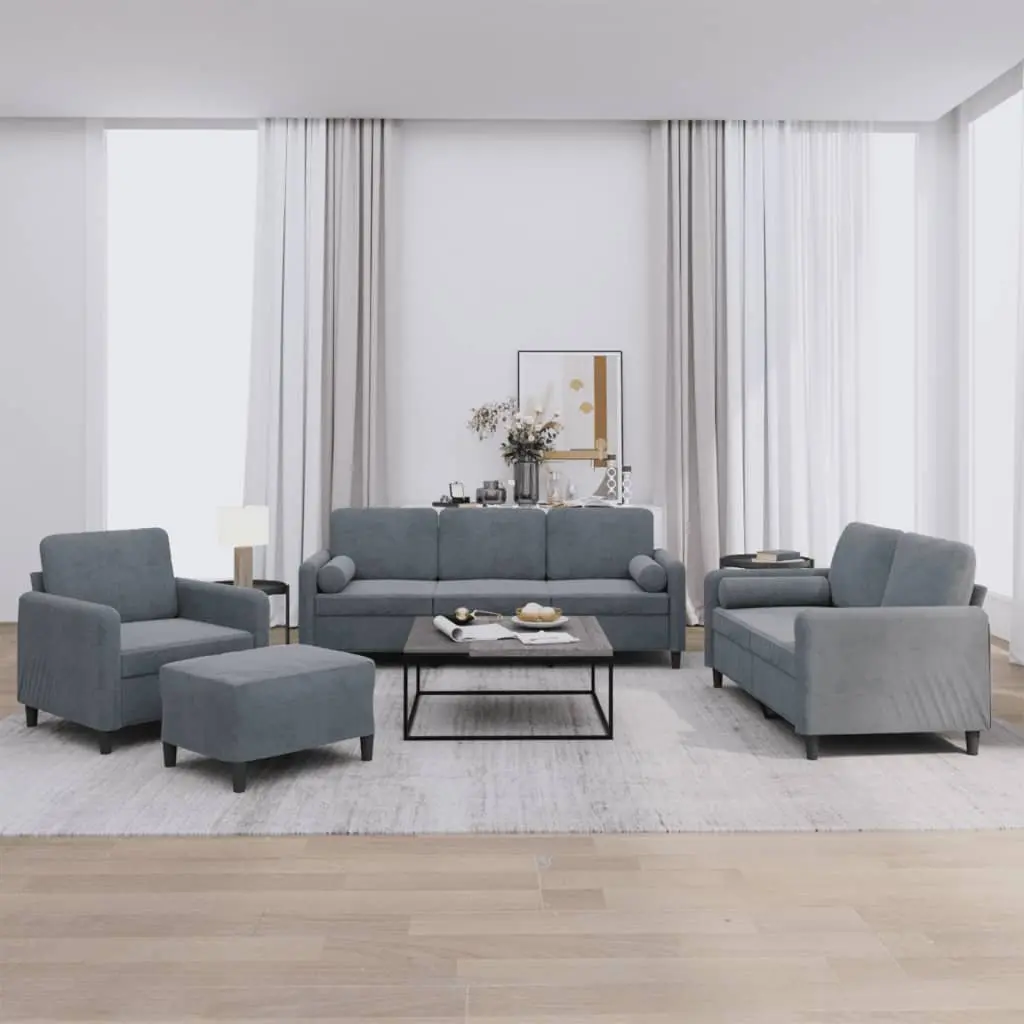 Sofa Set Grey Velvet 4 Piece Modern Minimalist Upholstery Plywood Metal Frame