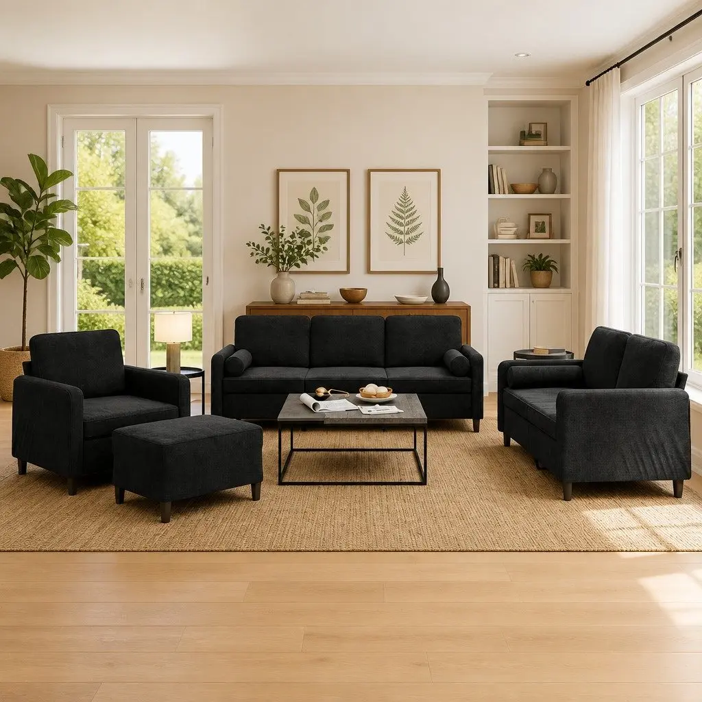 4 Piece Sofa Set Black Velvet with Pillows Footstool Living Room Furniture