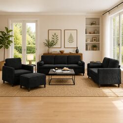 4 Piece Black Velvet Sofa Set with Pillows and Footstool