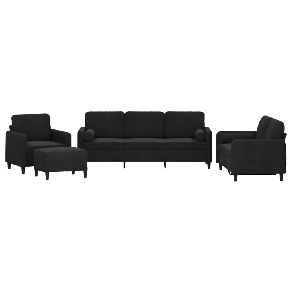 4 Piece Sofa Set Black Velvet with Pillows Footstool Living Room Furniture