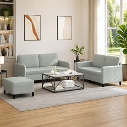 Grey Velvet 3 Piece Sofa Set with Footstool