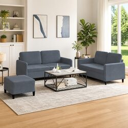 Grey Velvet 3 Piece Sofa Set with Footstool