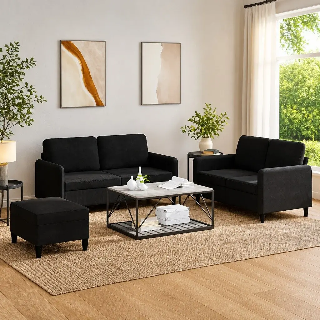3 Piece Black Velvet Sofa Set Compact Living Room Furniture Couch with Footstool