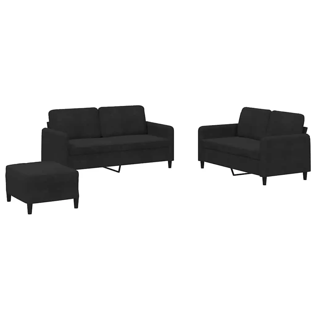 3 Piece Black Velvet Sofa Set Compact Living Room Furniture Couch with Footstool