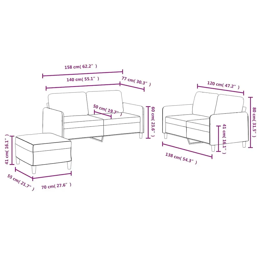 3 Piece Black Velvet Sofa Set Compact Living Room Furniture Couch with Footstool