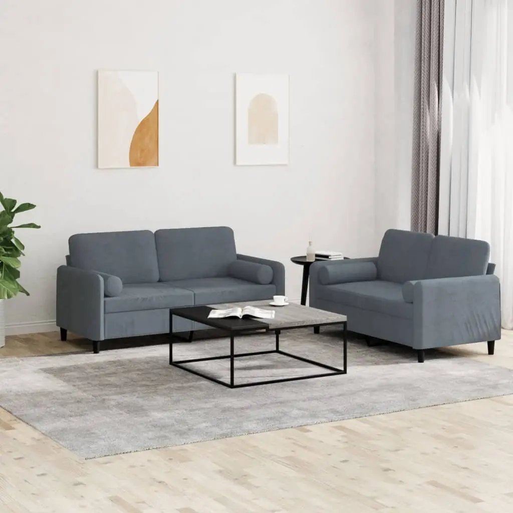 2 Piece Sofa Set Grey Velvet with Pillows Comfortable Seating Living Room