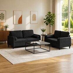 Comfortable 2-Piece Black Velvet Sofa Set with Roll Pillows