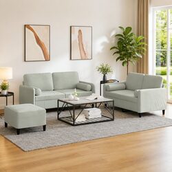 Grey Velvet 3 Piece Sofa Set with Pillows and Footstool