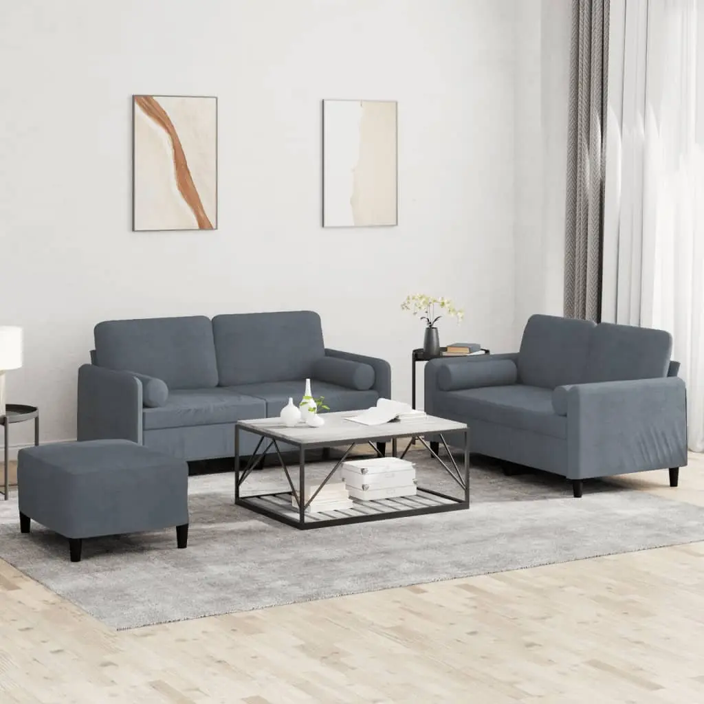 3 Piece Sofa Set Grey Velvet Soft Upholstery Living Room Furniture
