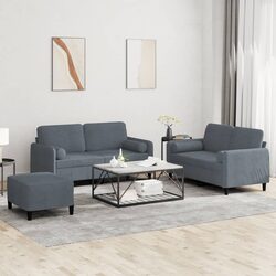3 Piece Sofa Set Grey Velvet with Pillows Footstool Living Room Furniture