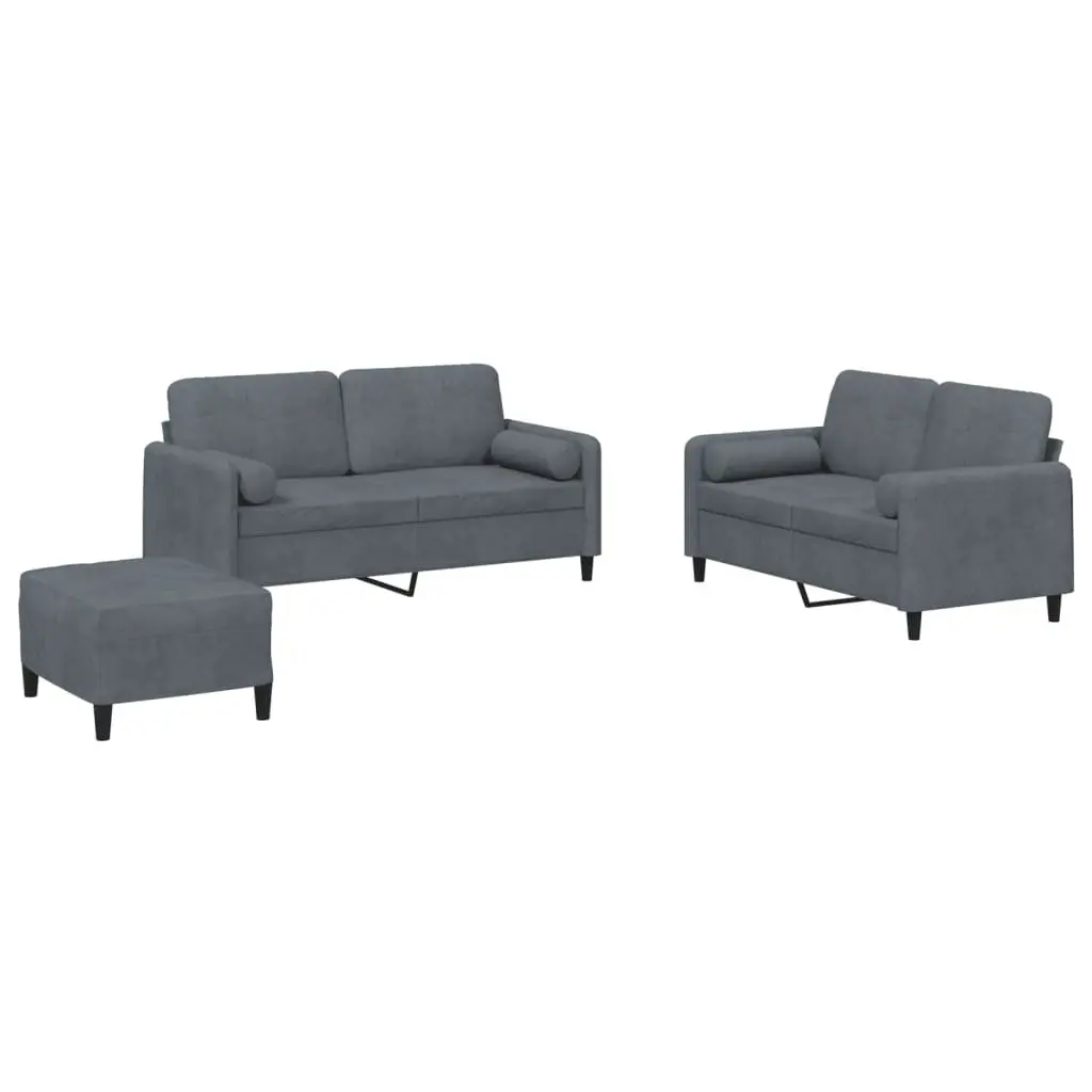 3 Piece Sofa Set Grey Velvet Soft Upholstery Living Room Furniture