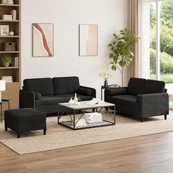 Black Velvet 3 Piece Sofa Set with Pillows & Footstool