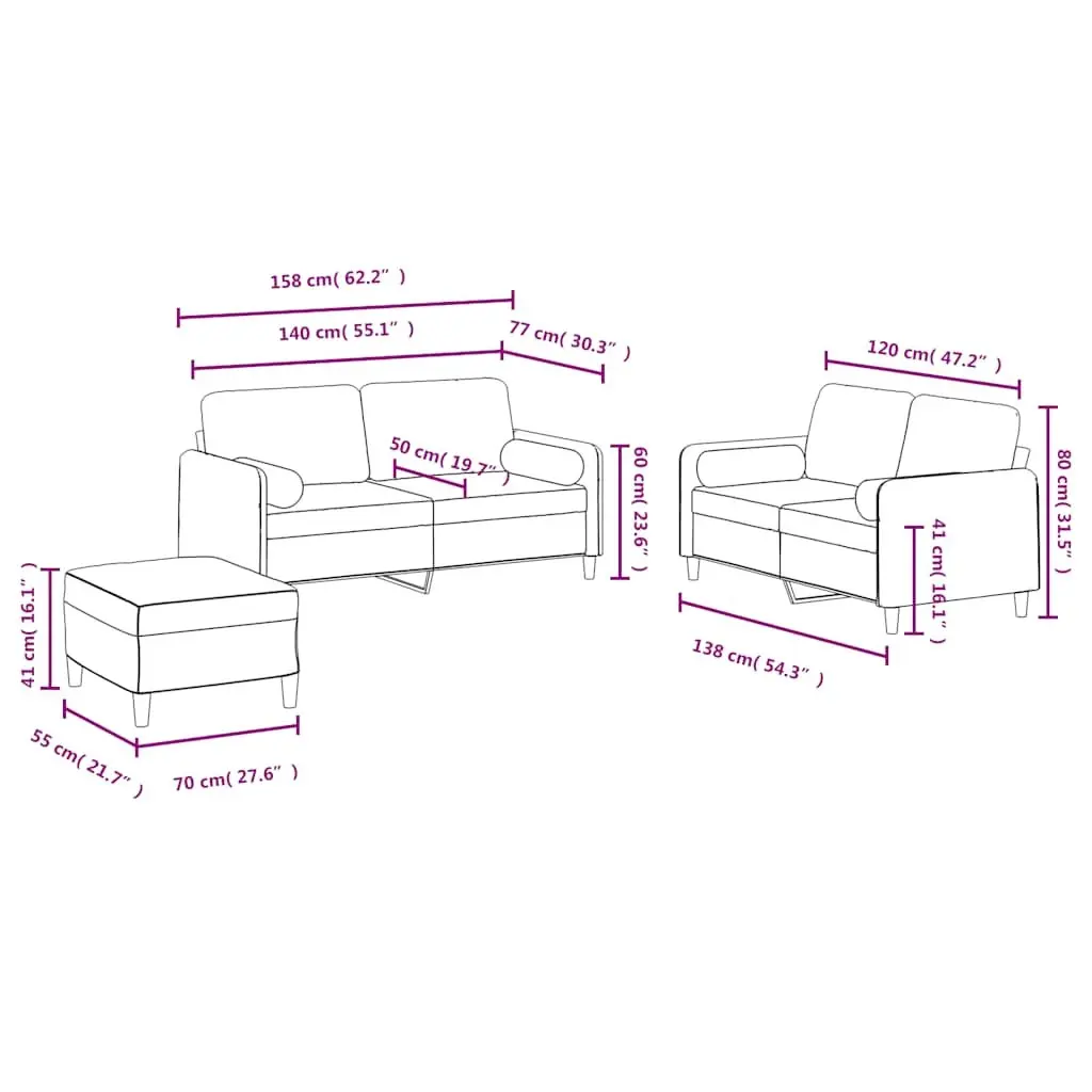 3 Piece Sofa Set Black Velvet Upholstery with Pillows and Footstool