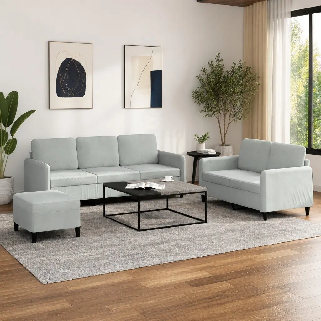 Grey Velvet Sofa Set 3 Piece Living Room Couch with Footstool